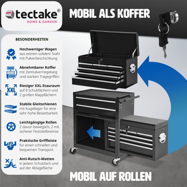 Werkzeugwagen tectake  Rollen Ø 100 mm 8 kugelgelagerte Schubladen mit Antirutschmatten schwarz
