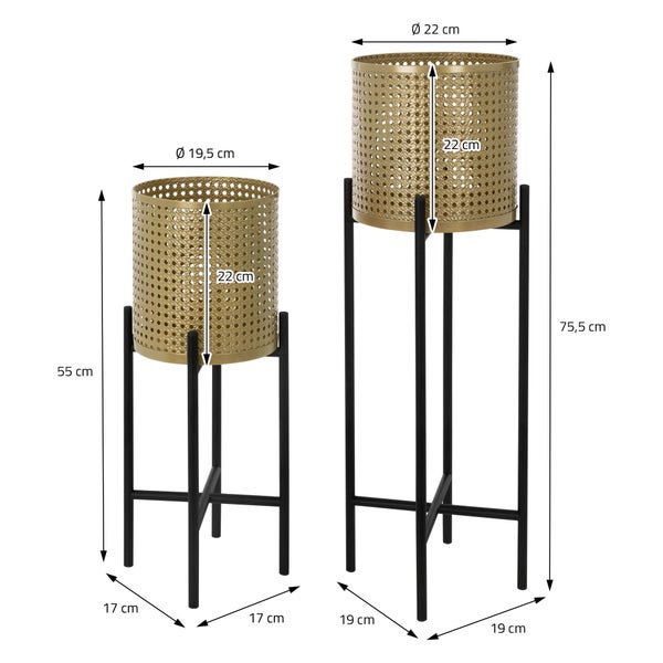 ML-Design Blumenständer 2er Set Schwarz-Gold 17x17x55/19x19x75,5 cm, aus Stahl, Blumentopfständer mit Übertopf, Metall Pflanzenständer, Blumentopfhalter 2-tlg, Pflanztopf Deko Blumensäule Blumenhocker