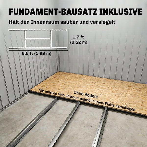 Fundament-Bausatz für Gartenhaus mit Metall-Bodenrahmen, Maße 1,99 mal 0,52 Meter, mit OSB-Platte auf dem Rahmen.