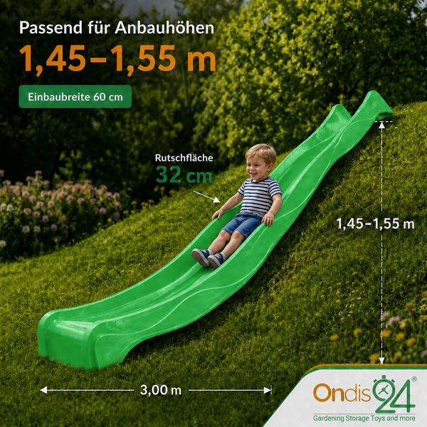 Kinderrutsche für Anbauhöhen von 1,45 bis 1,55 Meter auf Grashügel mit Ondis24 Logo. Länge 3,00 Meter, Breite 60 Zentimeter.