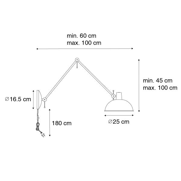 Technische Zeichnung einer Scherenlampe mit Maßangaben