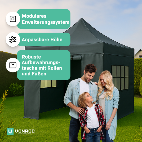 VONROC Pavillon 3x3m wasserdicht stabil - Partyzelt EasyUp System [3Min Aufbau] Popup Faltpavillon modular erweiterbar als Festival Zelt, Gartenpavillon