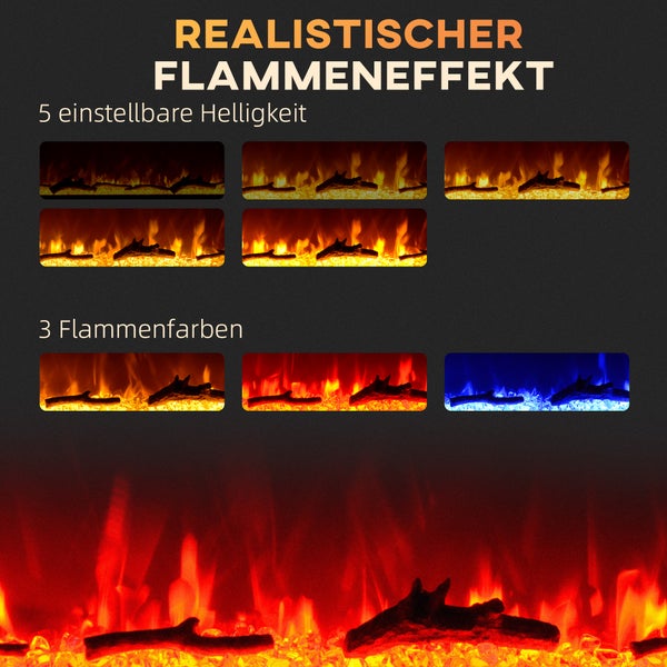Dekorativer Elektrokamin mit Panelsteuerung und Fernbedienung zur Steuerung von Flammeneffekten, Helligkeit, Heizung und Zeiteinstellungen.
