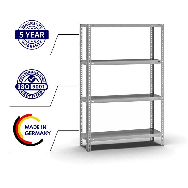 PROREGAL Fachbodenregal Schraubsystem Light-Duty Grundregal HxBxT 150 x 100 x 30 cm 4 Ebenen Fachlast 125 kg Beidseitig Nutzbar Verzinkt