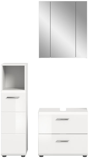 Dreiteiliges Badezimmermöbel-Set in Weiß mit Spiegelschrank, Hochschrank und Waschbeckenunterschrank.