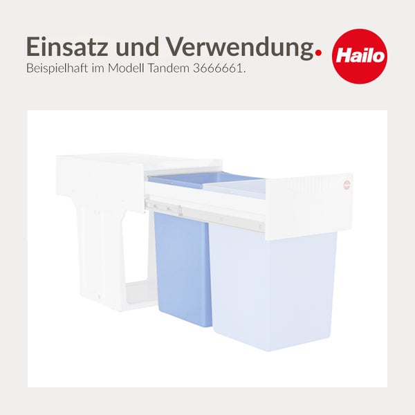 Anwendungsbeispiel für das Hailo Mülltrennsystem Tandem mit zwei herausziehbaren Abfallbehältern für Küchenunterschränke. Hailo Logo.