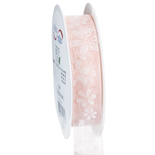 Organzaband Blumenmuster Rosa 25mm 18m – Romantisches Dekoband für Geschenke und Hochzeitsdeko