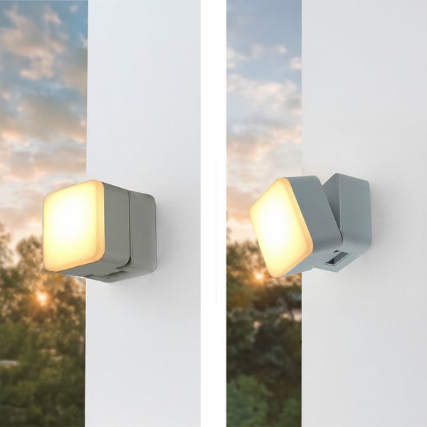 Zwei Ansichten einer grauen LED-Wandleuchte mit quadratischem, drehbarem Leuchtkopf zur Außenbeleuchtung.