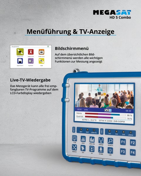 Megasat HD 5 Combo Satellitenmessgerät mit LCD Bildschirm und Tastaturfeld für professionelle Signalmessung und Satellitenausrichtung