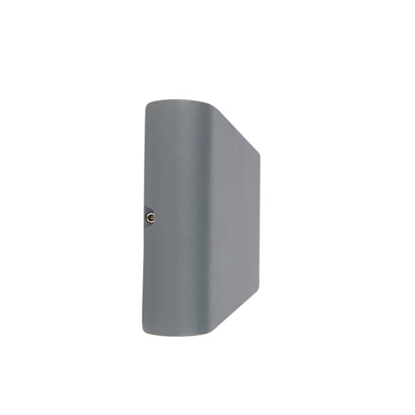 Moderne, graue Wandleuchte aus Metall in rechteckiger Form mit abgerundeter Front, Seitenansicht.