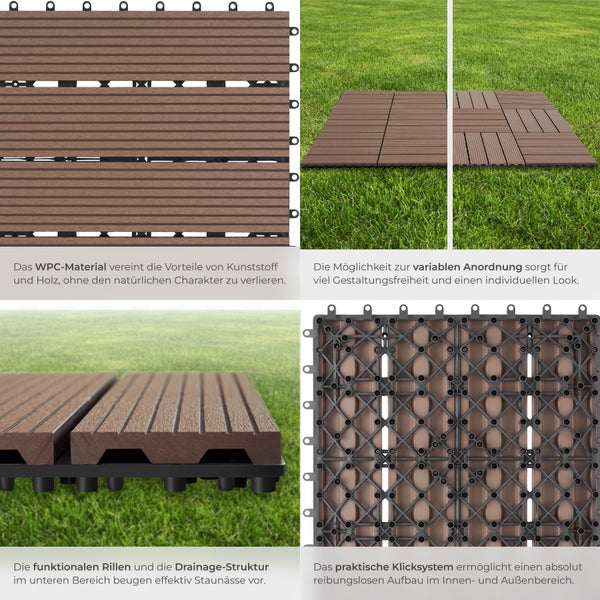 Terrassenfliesen tectake Tegulas 31 x 31 x 2,2 cm 11er Set im Klicksystem braun