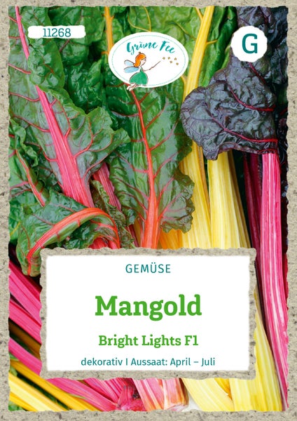 Samentüte für Mangold Bright Lights F1, Aussaat von April bis Juli, Grüne Fee Logo.