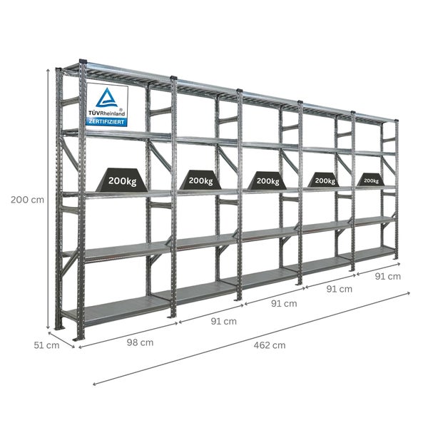 Metallregal mit TÜV Rheinland Zertifizierung und Maßangaben