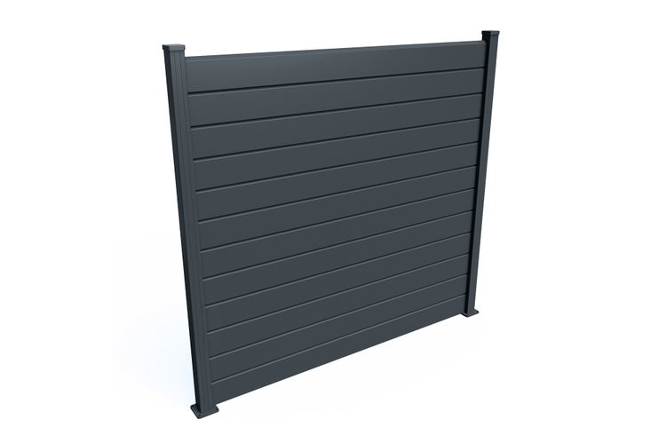 Anthrazitfarbener Sichtschutzzaun aus Aluminium mit horizontalen Lamellen und zwei Pfosten.