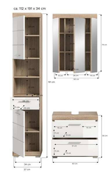 Badezimmermöbel-Set: Hochschrank circa 191 Zentimeter hoch, Spiegelschrank 79 Zentimeter und Waschbeckenunterschrank 56 Zentimeter hoch.