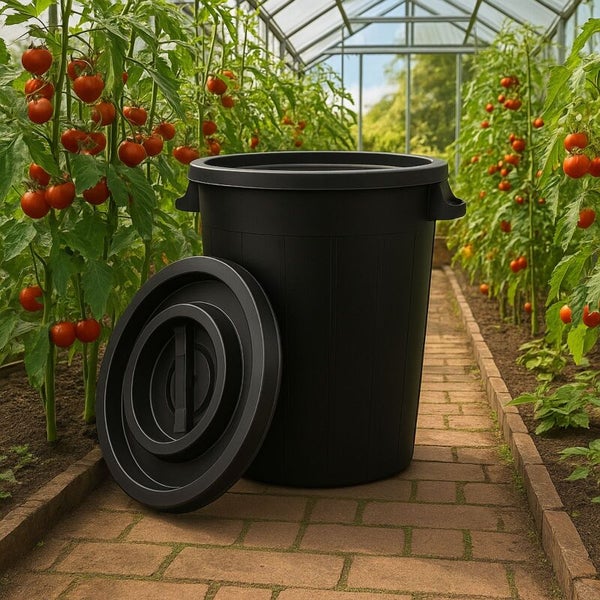 Schwarze Regentonne aus Kunststoff mit Deckel in einem hellen Gewächshaus mit Tomatenpflanzen auf einem Steinweg.
