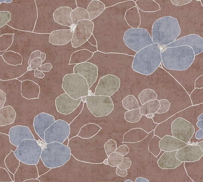 Tapete mit floralem Blumenmuster und stilisierter Linienführung auf strukturiertem Untergrund.