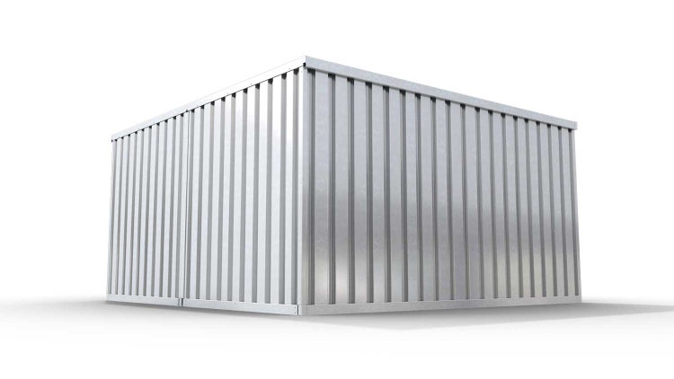Lagercontainer Gerätehaus L2  – 16 qm, H2150 x B4050 x T4340 mm, verzinkt, mit Holzfußboden, 1270 mm Einflügeltür mittig in Modul D, zerlegt