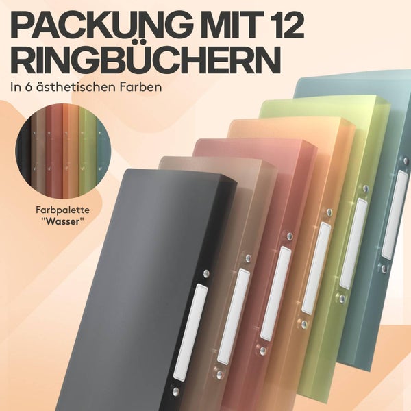 ACROPAQ - 12 x Ringbuch A4 - Mit 2 Ringen, Mit Rückenetiketten, Rückenbreite 2,5 cm, Wasser, Natur Farbkollektion - Ringhefter, Ringordner, Ordner A4 Schmal, Ringmappe A4, Schulordner
