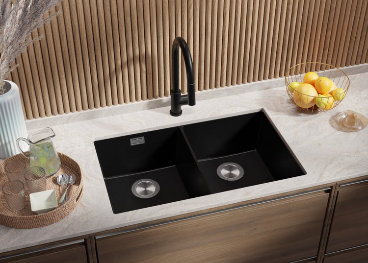 PRIMAGRAN Unterbauspüle Granit Alles Schwarz 76x47cm, Spülbecken 2 Becken + Ablauf-Set, Granitspüle ab 80er Unterschrank - London Twin