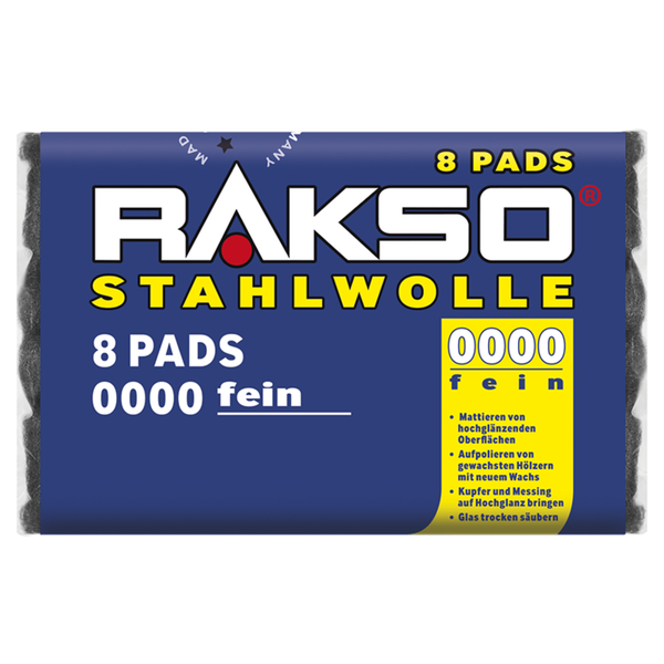 Rakso Stahlwolle 0000 fein, 8 Pads zur Oberflächenbearbeitung und Reinigung.