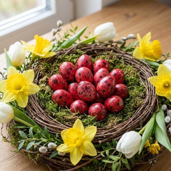Osterkranz aus Weidenzweigen mit Moos und bunt gefärbten gesprenkelten Eiern sowie Frühlingsblumen wie Narzissen und Tulpen.