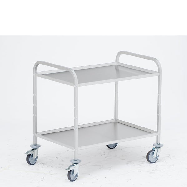Servierwagen aus Edelstahl mit zwei Etagen und vier Lenkrollen.