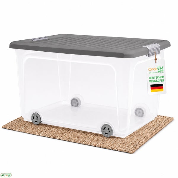 Transparente Aufbewahrungsbox aus Kunststoff mit Deckel und Rollen