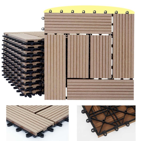 WPC-Terrassenfliesen im Set mit Klicksystem, Holzoptik und geriffelter Oberfläche für Balkon oder Garten.
