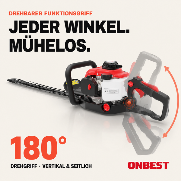Benzin-Heckenschere von ONBEST mit um 180 Grad drehbarem Griff für vertikale und seitliche Schnitte.