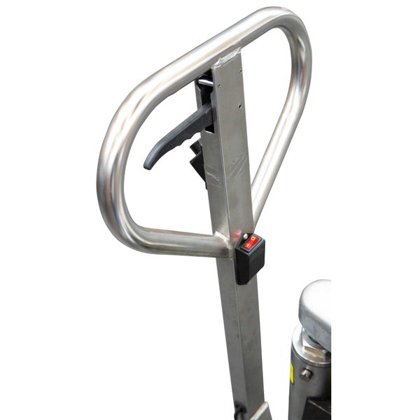 Griff einer Hubwagensteuerung aus Metall mit Bedienhebel und Schalter