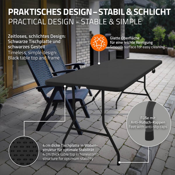 ML-Design Campingtisch klappbar Schwarz 180x74 cm Kunststoff, Klapptisch mit Tragegriff, Falttisch für Garten Terrasse Balkon, Gartentisch 6 Personen, Buffettisch Partytisch Koffertisch Flohmarkttisch