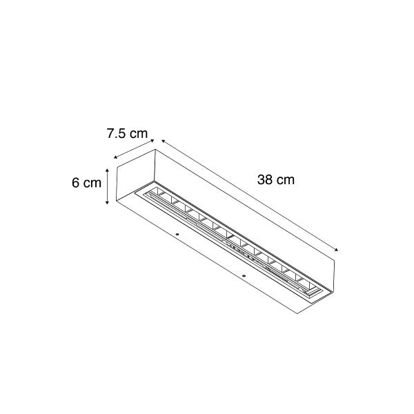 Technische Zeichnung einer rechteckigen Leuchte: Länge 38 Zentimeter, Tiefe 7,5 Zentimeter, Höhe 6 Zentimeter.