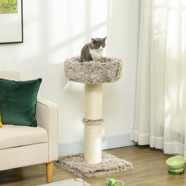 PawHut Kratzbaum 87 cm hoch Katzenbaum mit Bett, dick Stamm, Katzenkratzbaum mit Sisal-Kratzsäulen, für Katzen bis 6 kg, Indoor, Braun
