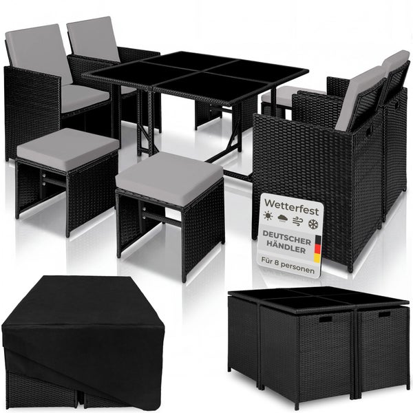 9-teiliges Gartenmöbel-Set aus Polyrattan für 8 Personen mit Tisch, 4 Sesseln, 4 Hockern, Sitzpolstern und Schutzhülle.