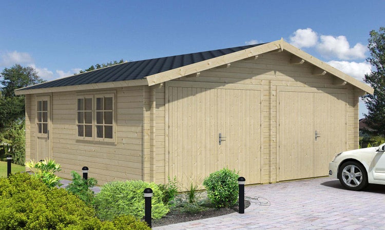 Alpholz Doppelgarage D-44 ISO Garage aus Holz, Unterstellplatz mit 44 mm Wandstärke inklusive Geräteraum, Fertiggarage mit Montagematerial, Naturbelassen 6x5,3m