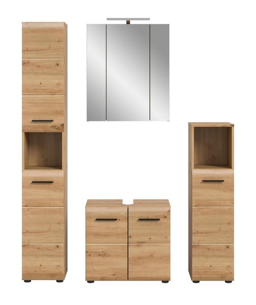 Badezimmermöbel Set: Hochschrank, Spiegelschrank mit Licht, Waschtischunterschrank und Midischrank in Holzoptik mit schwarzen Griffen.