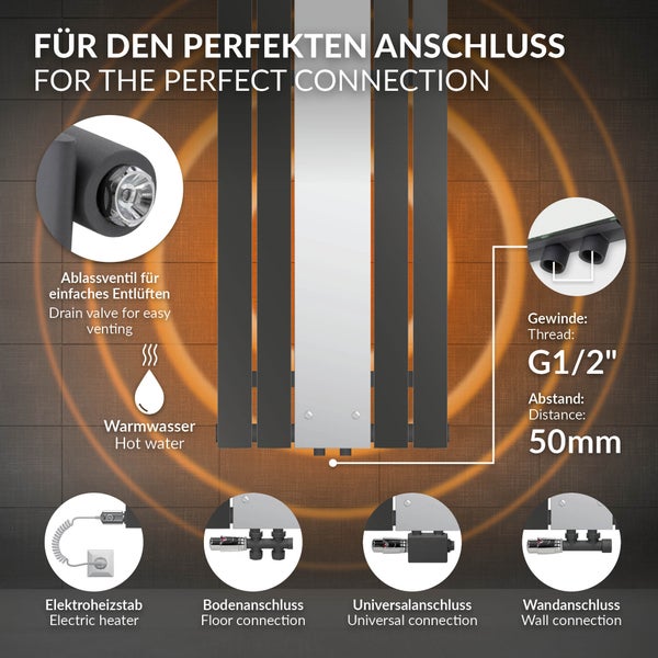 LuxeBath Badheizkörper Flach 1600x450 mm Anthrazit mit Spiegel, Design Paneelheizkörper Mittelanschluss Heizung, Flachheizkörper Vertikal Einlagig, Spiegelheizkörper Glasheizkörper, inkl. Montage-Set