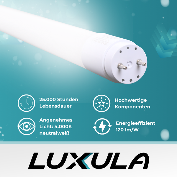Luxula LED-Röhre mit einer Lebensdauer von 25.000 Stunden, hochwertigen Komponenten, angenehmem Licht von 4.000 Kelvin neutralweiß und einer Energieeffizienz von 120 Lumen pro Watt