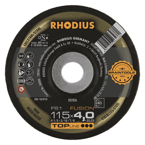 RHODIUS Schruppscheibe FS1 FUSION, 10 Stück, 115 x 4,0 x 22,23 mm, Korn 40, für Edelstahl, Stahl, Metall, TOPline