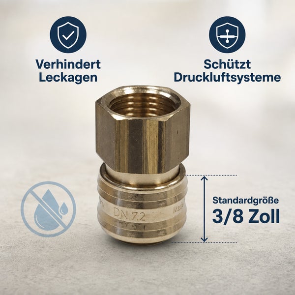 Druckluftkupplung aus Messing mit drei Achtel Zoll Anschluss, verhindert Leckagen und schützt Druckluftsysteme.