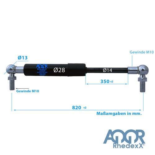 Rhedexx Gasdruckfeder, Gesamtlänge 820 Millimeter, Hub 350 Millimeter, M10 Gewinde, Zylinder 28 Millimeter, Kolbenstange 14 Millimeter.