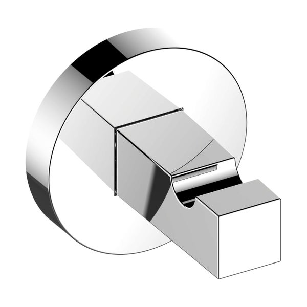 Ein moderner Handtuchhaken aus Metall mit quadratischer Form und runder Wandhalterung zur Wandmontage.