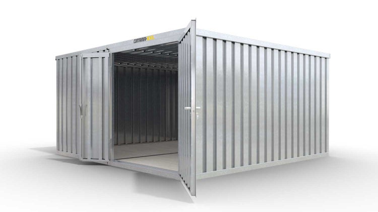 Lagercontainer Gerätehaus XL2  – 21 qm, H2150 x B5080 x T4340 mm, verzinkt, mit Holzfußboden, 1830 mm Doppelflügeltür mittig in Modul D, zerlegt