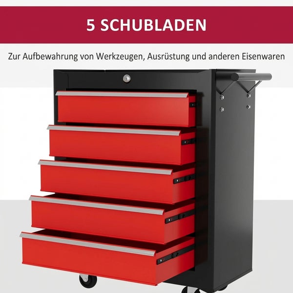 Werkstattwagen mit fünf Schubladen zur Aufbewahrung von Werkzeugen und Ausrüstung.