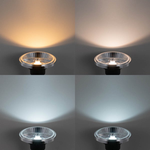 LED-Reflektorlampe mit vier verschiedenen Farbtemperaturen von Warmweiß bis Tageslichtweiß.