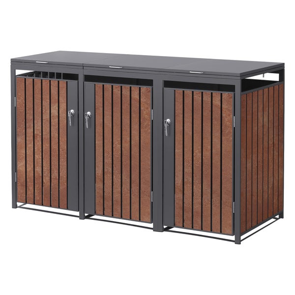 Dreifach-Mülltonnenbox aus Metall mit Fronten in Rostoptik und Flachdach.