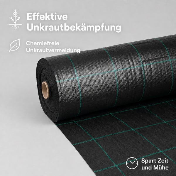 Eine Rolle Unkrautvlies zur effektiven und chemiefreien Unkrautbekämpfung mit aufgedrucktem Rastermaß für den Garten.