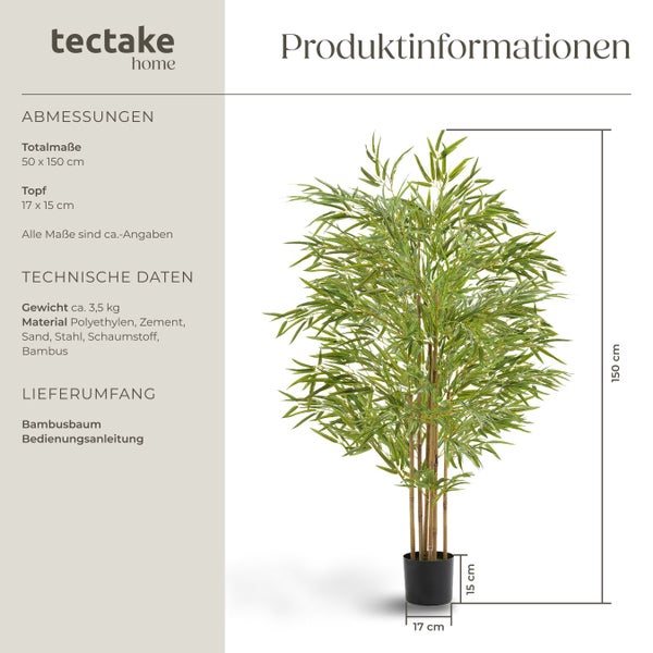 Produktabbildung eines künstlichen Bambusbaums von tectake home mit Größenangaben.