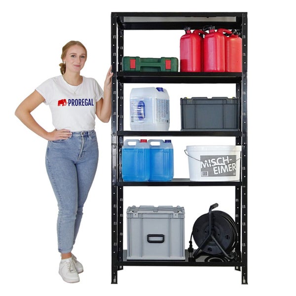 Schwarzes Metallregal mit fünf Ebenen zur Lagerung von Werkzeugen und Behältern